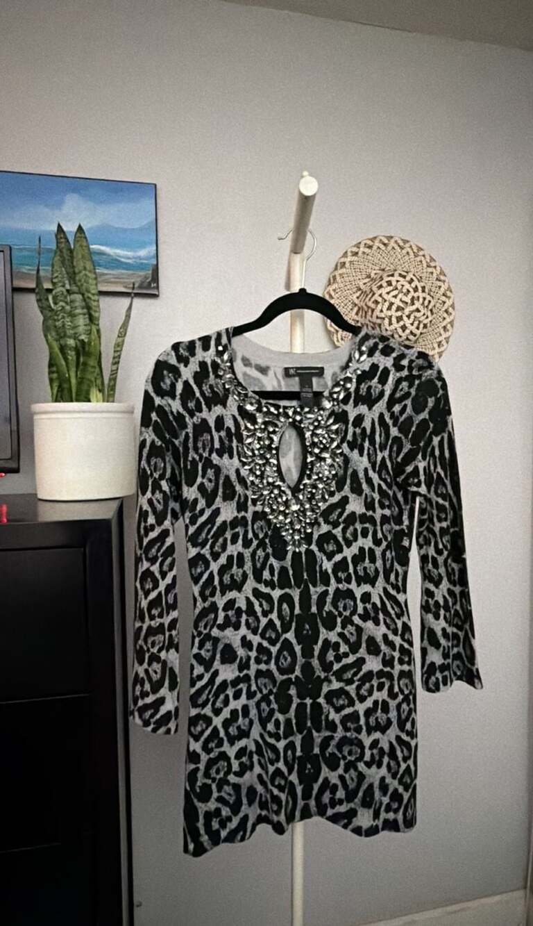 INC International Concepts Animal Print Beaded Long Sleeve Dress Size S Black